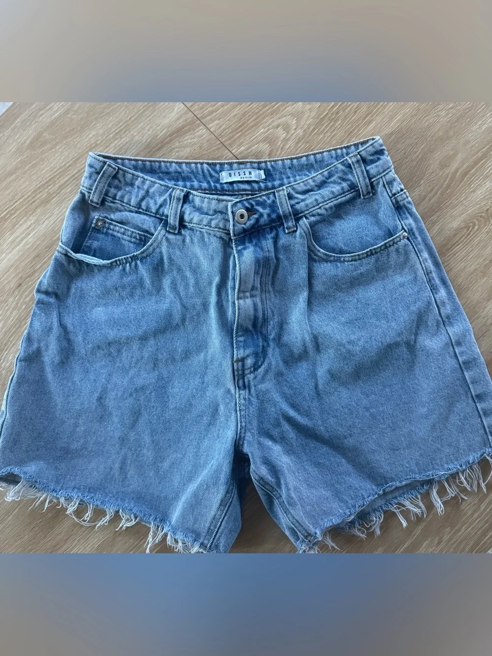 DISSH Vintage Light Blue High-Rise Frayed Hem Denim Shorts 100% Cotton